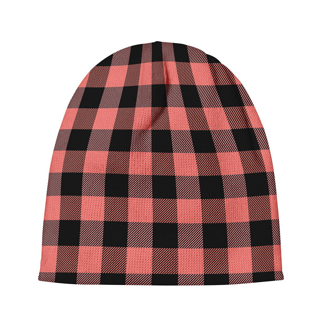 Coral Pink And Black Buffalo Check Print Beanie