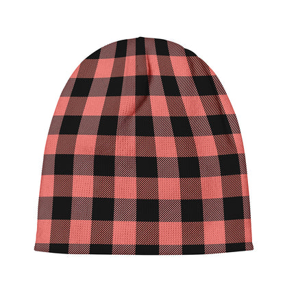 Coral Pink And Black Buffalo Check Print Beanie