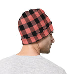 Coral Pink And Black Buffalo Check Print Beanie
