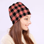 Coral Pink And Black Buffalo Check Print Beanie