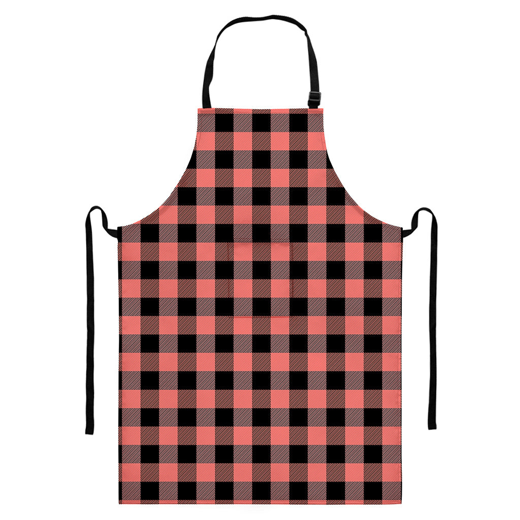 Coral Pink And Black Buffalo Check Print Bib Apron With Pocket