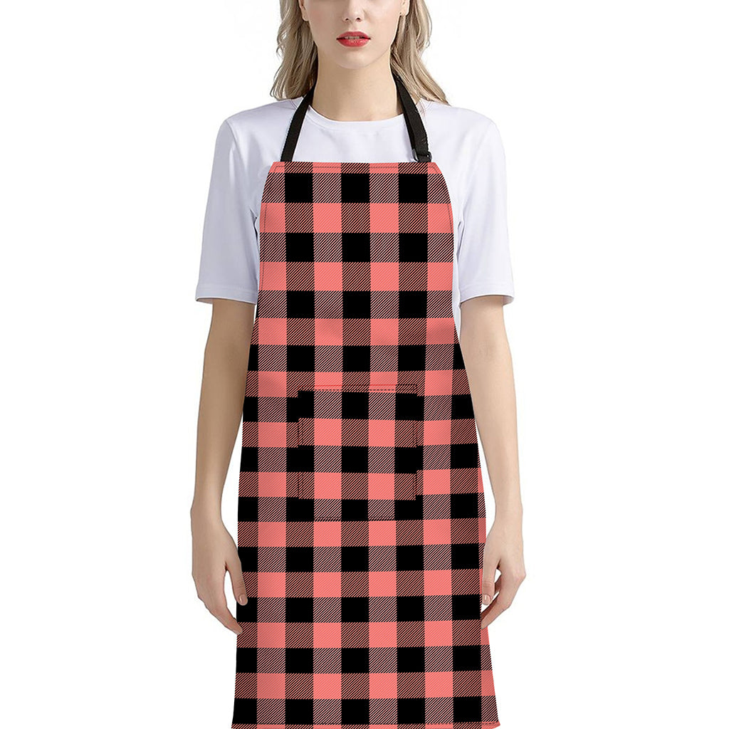 Coral Pink And Black Buffalo Check Print Bib Apron With Pocket