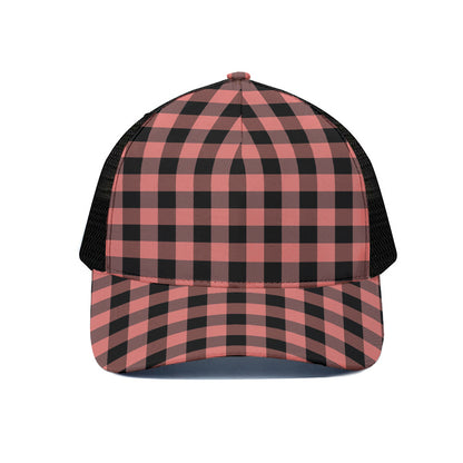 Coral Pink And Black Buffalo Check Print Black Mesh Trucker Cap