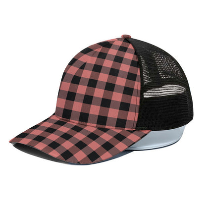 Coral Pink And Black Buffalo Check Print Black Mesh Trucker Cap
