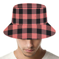 Coral Pink And Black Buffalo Check Print Bucket Hat
