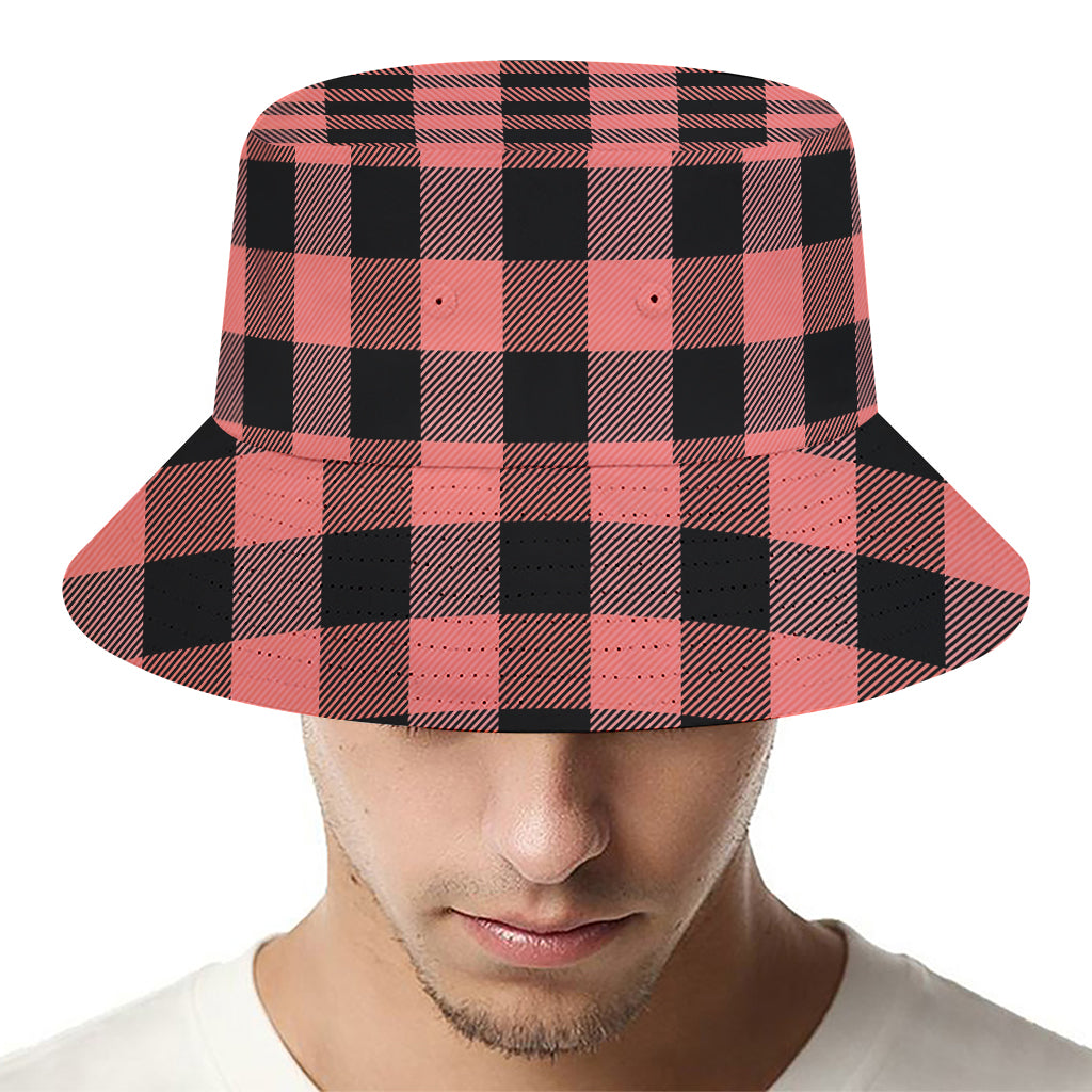 Coral Pink And Black Buffalo Check Print Bucket Hat
