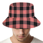 Coral Pink And Black Buffalo Check Print Bucket Hat