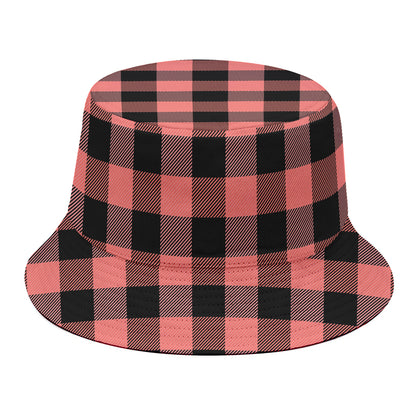 Coral Pink And Black Buffalo Check Print Bucket Hat
