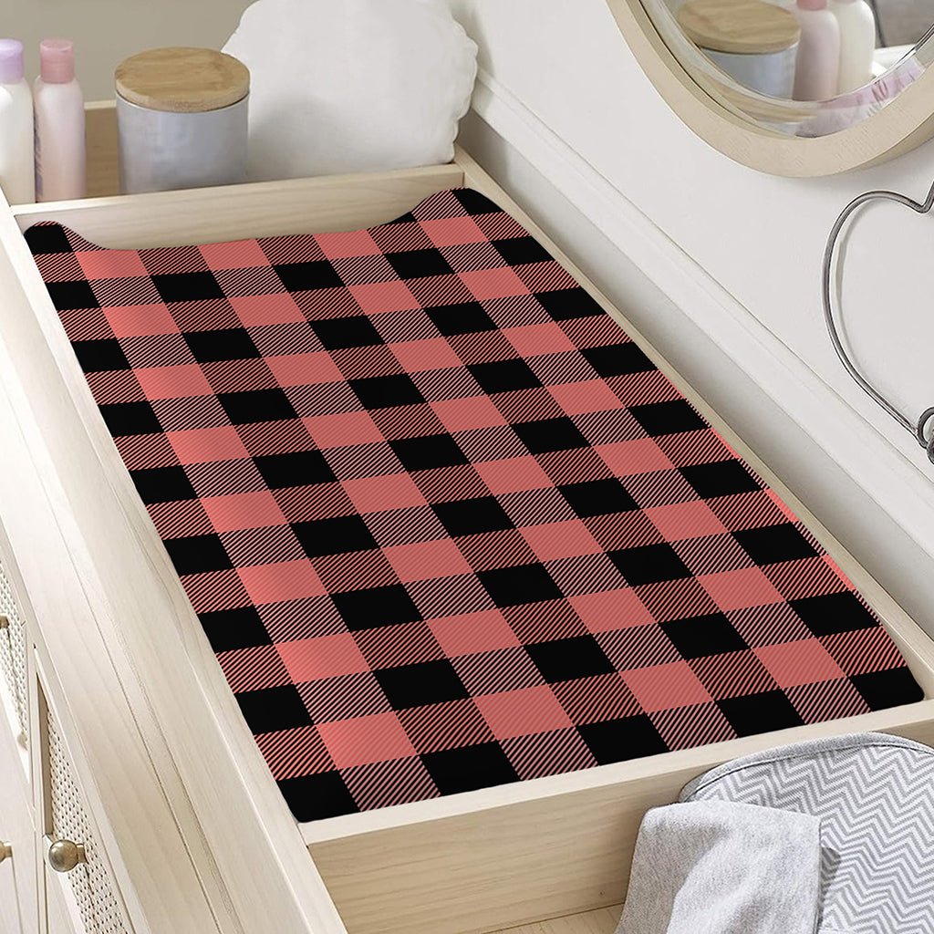 Coral Pink And Black Buffalo Check Print Changing Pad Cover
