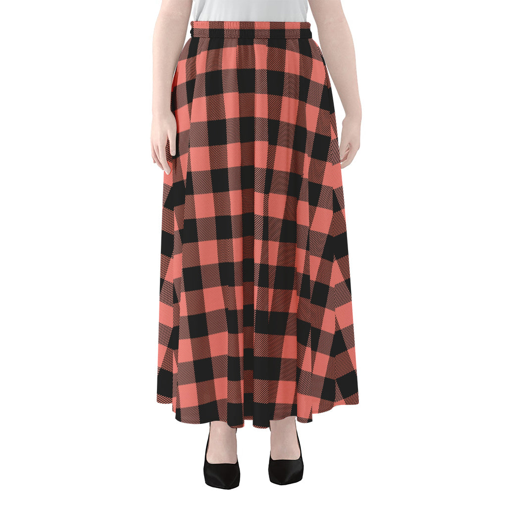 Coral Pink And Black Buffalo Check Print Chiffon Maxi Skirt