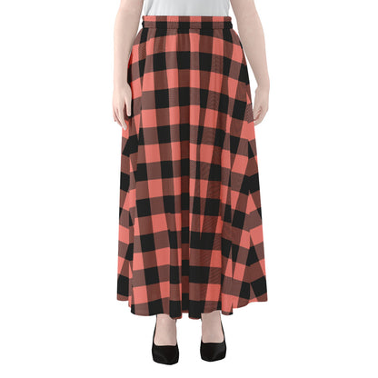 Coral Pink And Black Buffalo Check Print Chiffon Maxi Skirt