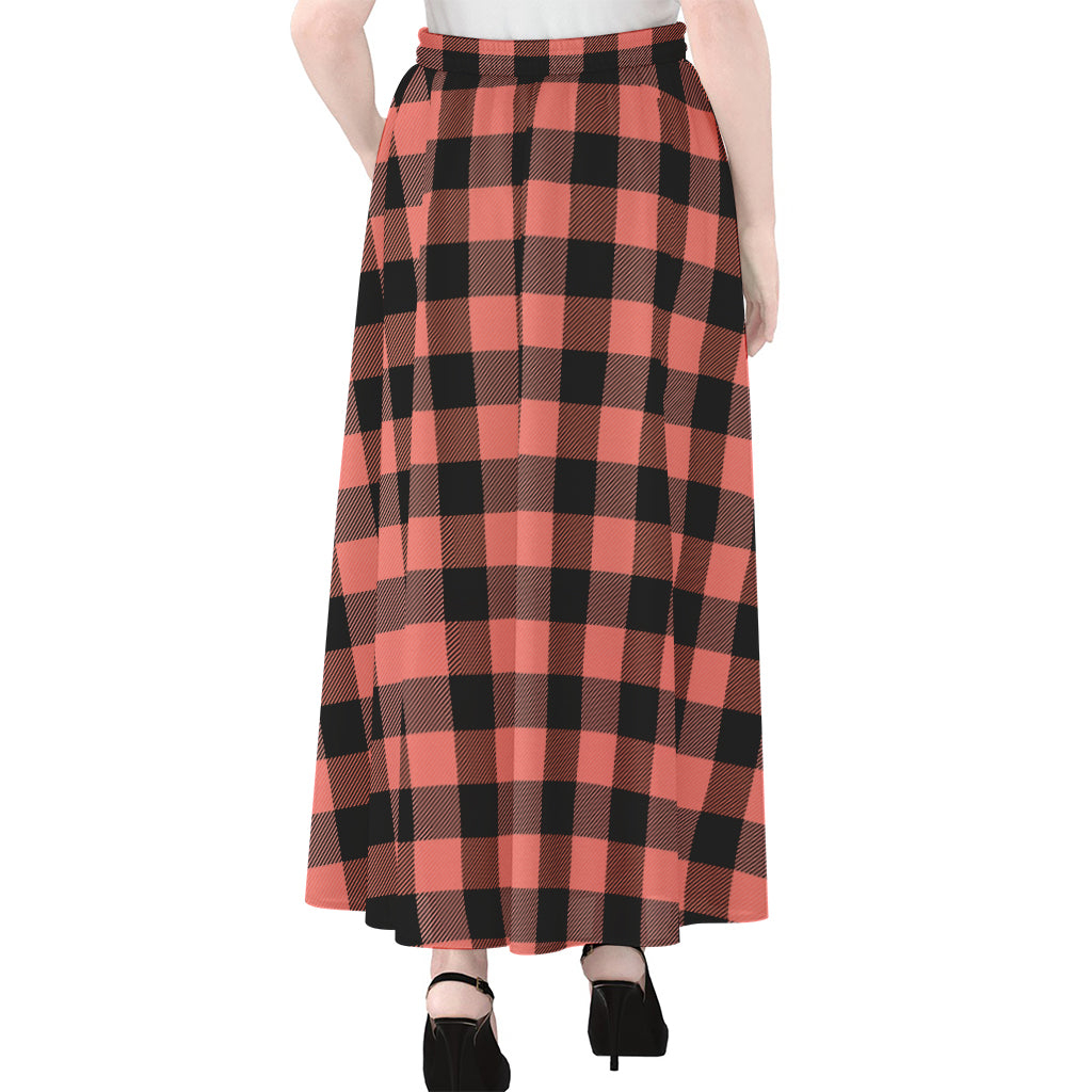 Coral Pink And Black Buffalo Check Print Chiffon Maxi Skirt