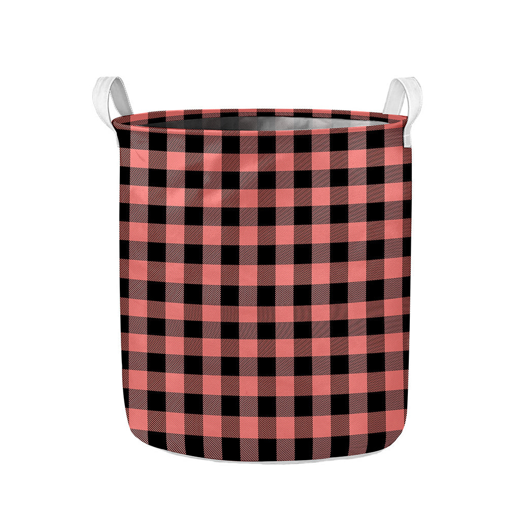 Coral Pink And Black Buffalo Check Print Collapsible Laundry Basket