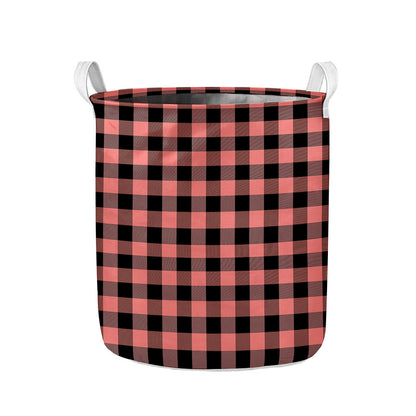 Coral Pink And Black Buffalo Check Print Collapsible Laundry Basket