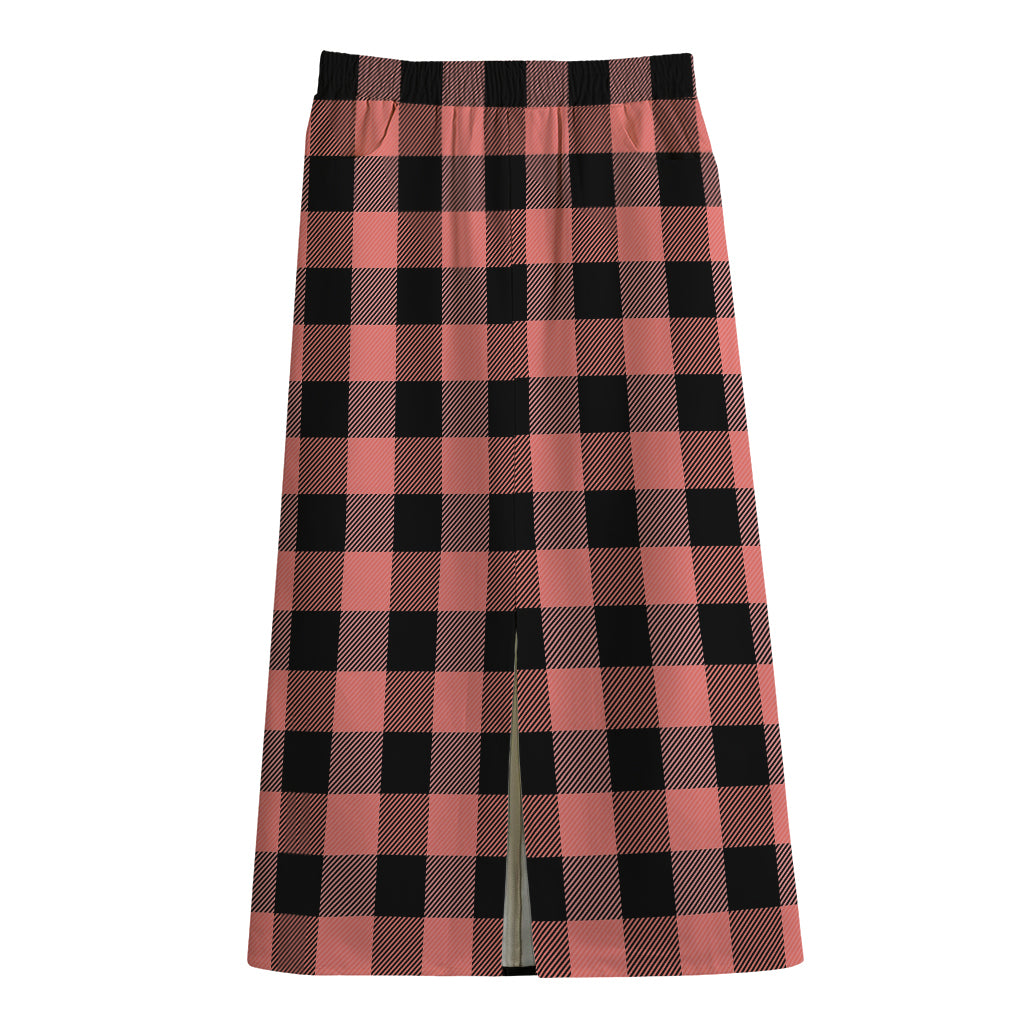 Coral Pink And Black Buffalo Check Print Cotton Front Slit Maxi Skirt