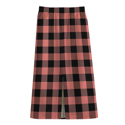 Coral Pink And Black Buffalo Check Print Cotton Front Slit Maxi Skirt