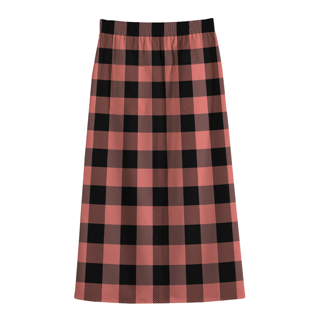 Coral Pink And Black Buffalo Check Print Cotton Front Slit Maxi Skirt