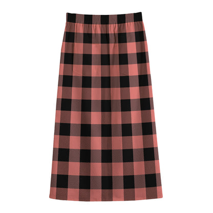 Coral Pink And Black Buffalo Check Print Cotton Front Slit Maxi Skirt
