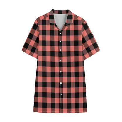 Coral Pink And Black Buffalo Check Print Cotton Hawaiian Shirt