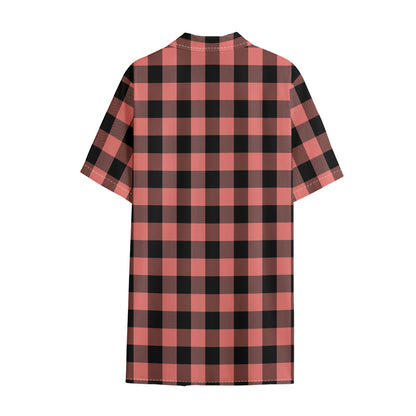 Coral Pink And Black Buffalo Check Print Cotton Hawaiian Shirt