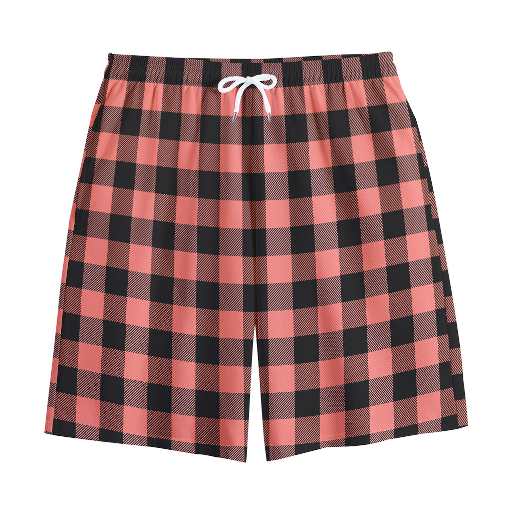 Coral Pink And Black Buffalo Check Print Cotton Shorts