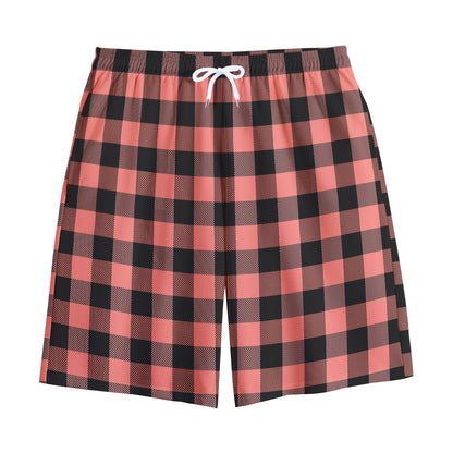 Coral Pink And Black Buffalo Check Print Cotton Shorts