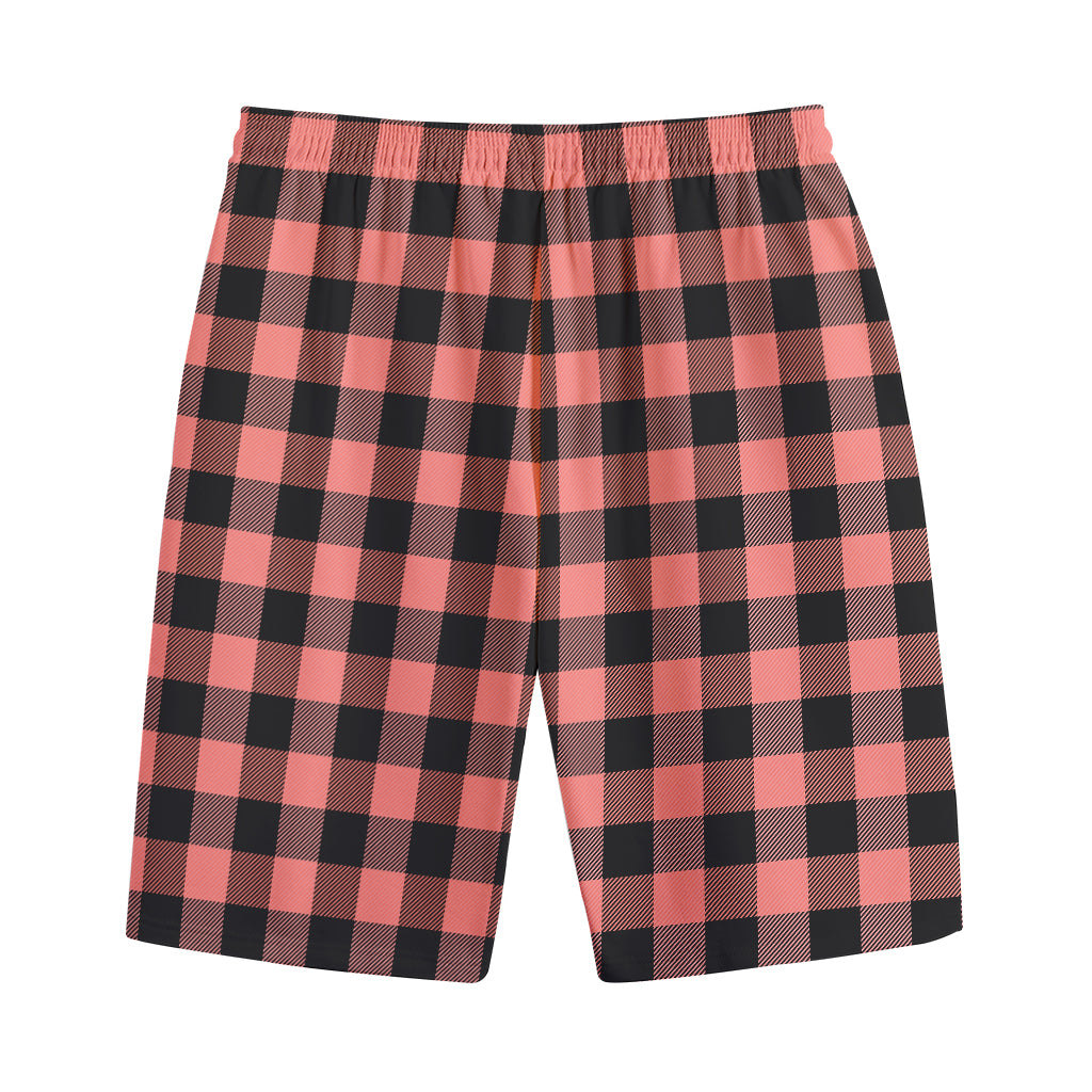 Coral Pink And Black Buffalo Check Print Cotton Shorts
