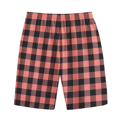Coral Pink And Black Buffalo Check Print Cotton Shorts