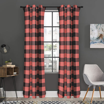 Coral Pink And Black Buffalo Check Print Curtain