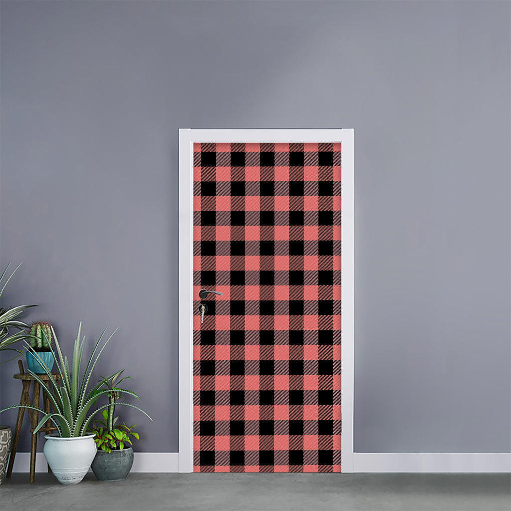 Coral Pink And Black Buffalo Check Print Door Sticker