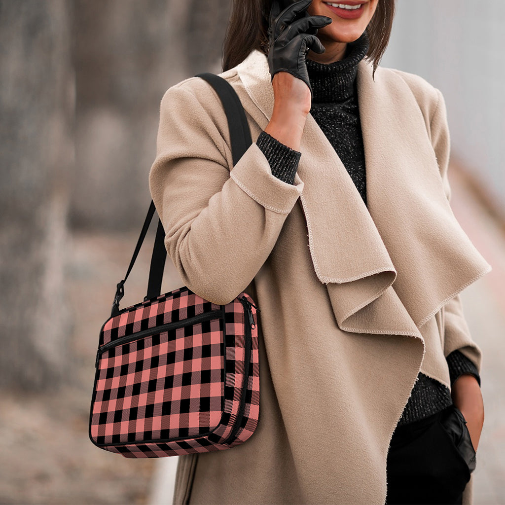 Coral Pink And Black Buffalo Check Print Double Strap Bible Bag