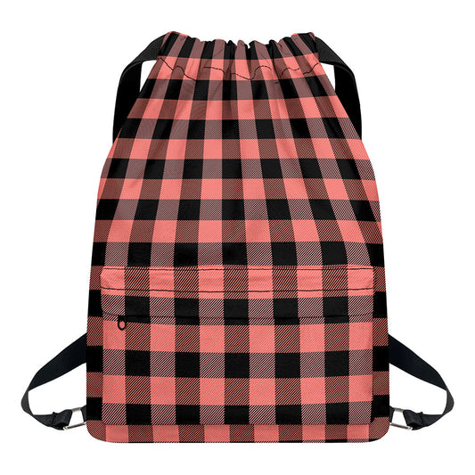 Coral Pink And Black Buffalo Check Print Drawstring Backpack