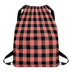 Coral Pink And Black Buffalo Check Print Drawstring Backpack