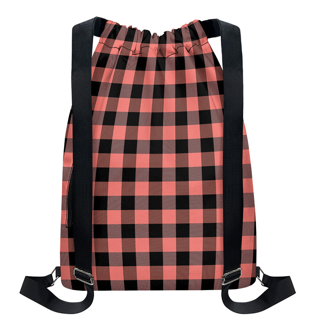 Coral Pink And Black Buffalo Check Print Drawstring Backpack
