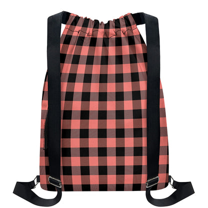Coral Pink And Black Buffalo Check Print Drawstring Backpack