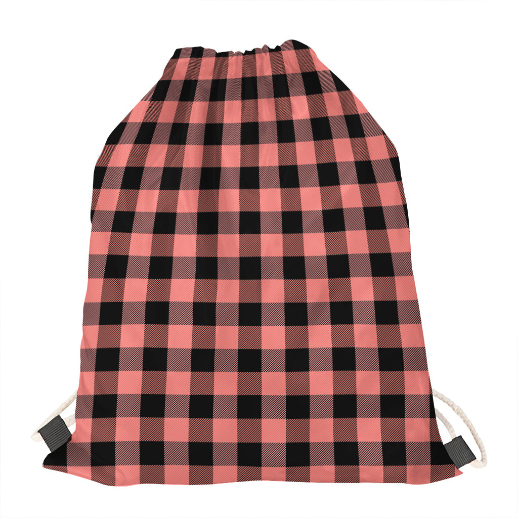 Coral Pink And Black Buffalo Check Print Drawstring Bag