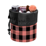 Coral Pink And Black Buffalo Check Print Drawstring Makeup Bag