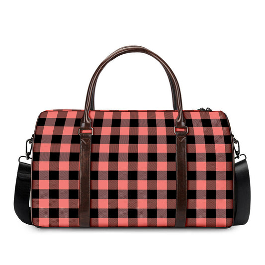 Coral Pink And Black Buffalo Check Print Duffle Bag