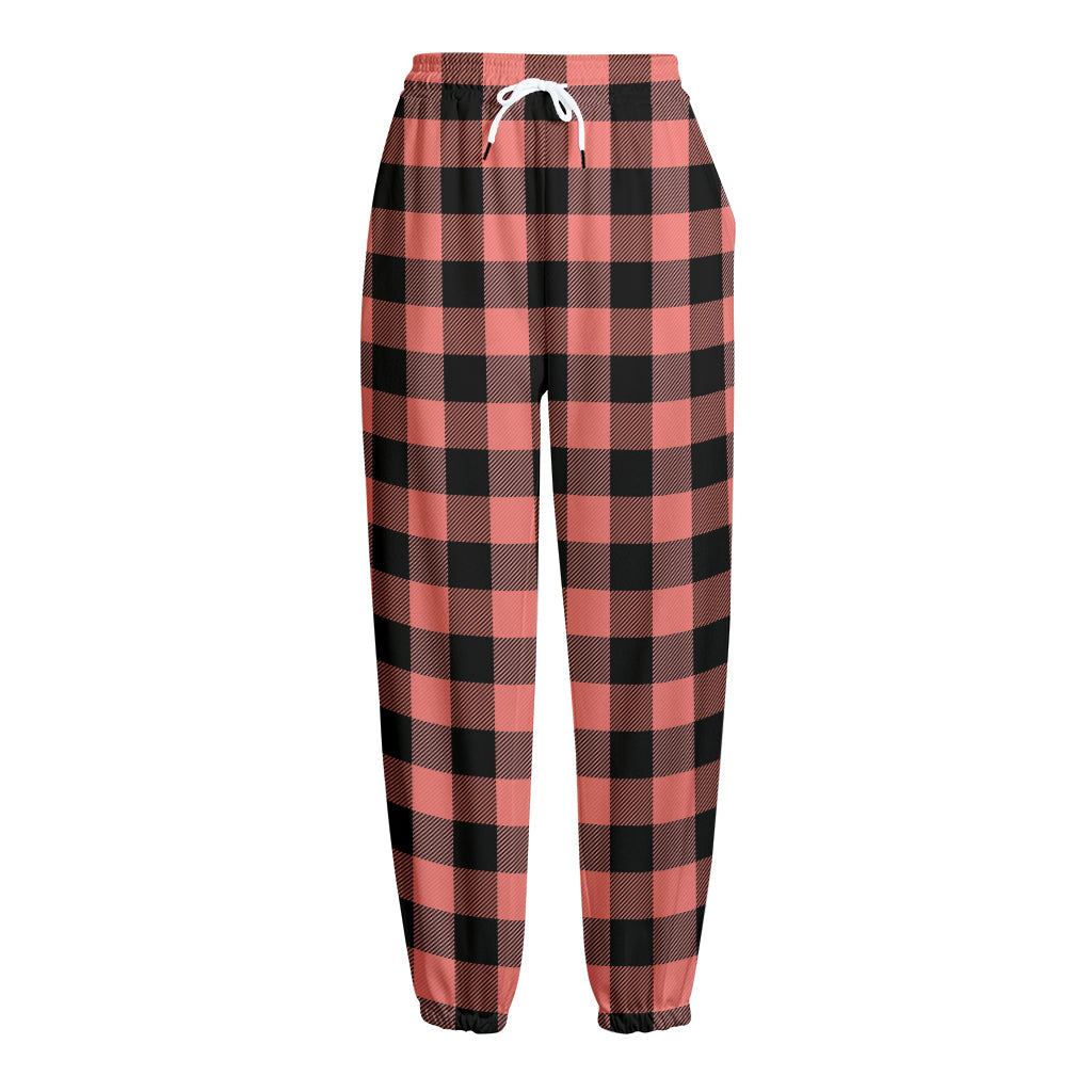 Coral Pink And Black Buffalo Check Print Fleece Lined Knit Pants