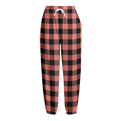 Coral Pink And Black Buffalo Check Print Fleece Lined Knit Pants