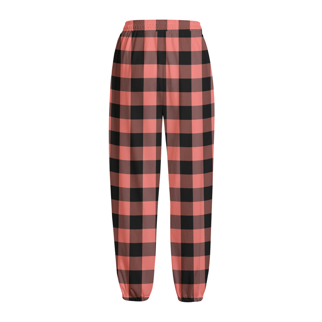 Coral Pink And Black Buffalo Check Print Fleece Lined Knit Pants
