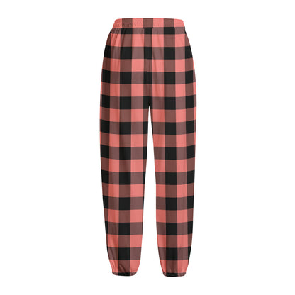 Coral Pink And Black Buffalo Check Print Fleece Lined Knit Pants