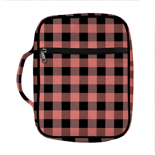Coral Pink And Black Buffalo Check Print Front Pocket Bible Bag