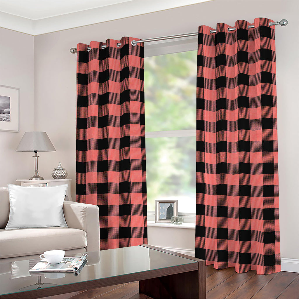 Coral Pink And Black Buffalo Check Print Grommet Curtains