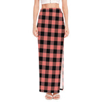 Coral Pink And Black Buffalo Check Print High Slit Maxi Skirt