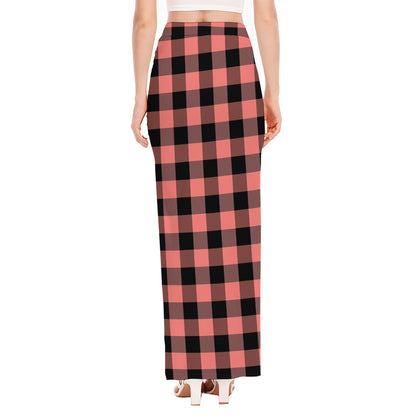 Coral Pink And Black Buffalo Check Print High Slit Maxi Skirt