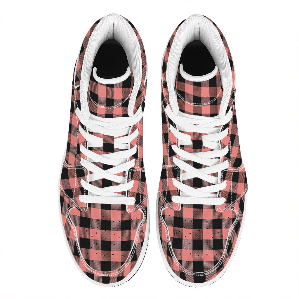 Coral Pink And Black Buffalo Check Print High Top Leather Sneakers