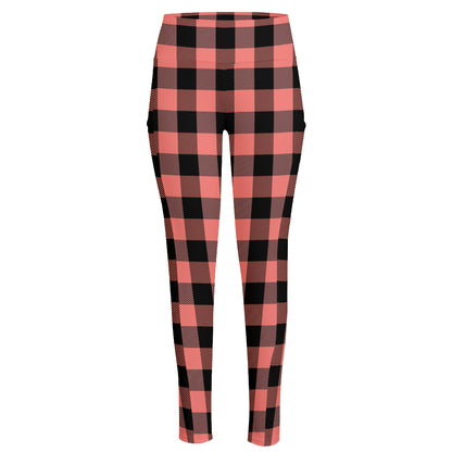 Coral Pink And Black Buffalo Check Print High-Waisted Pocket Leggings