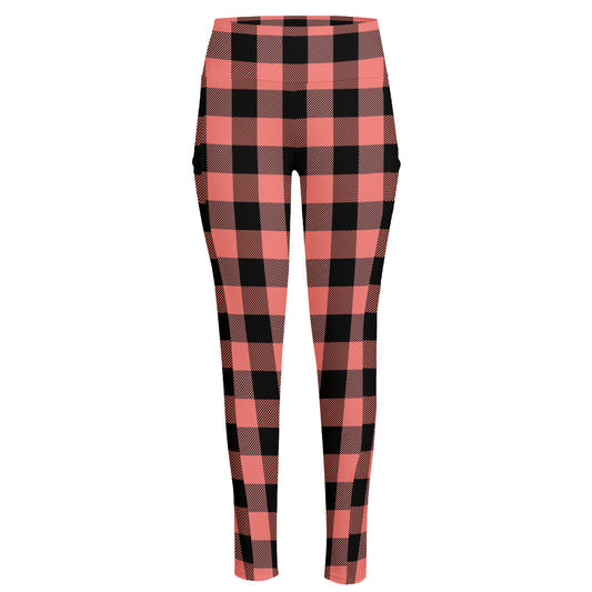 Coral Pink And Black Buffalo Check Print High-Waisted Pocket Leggings