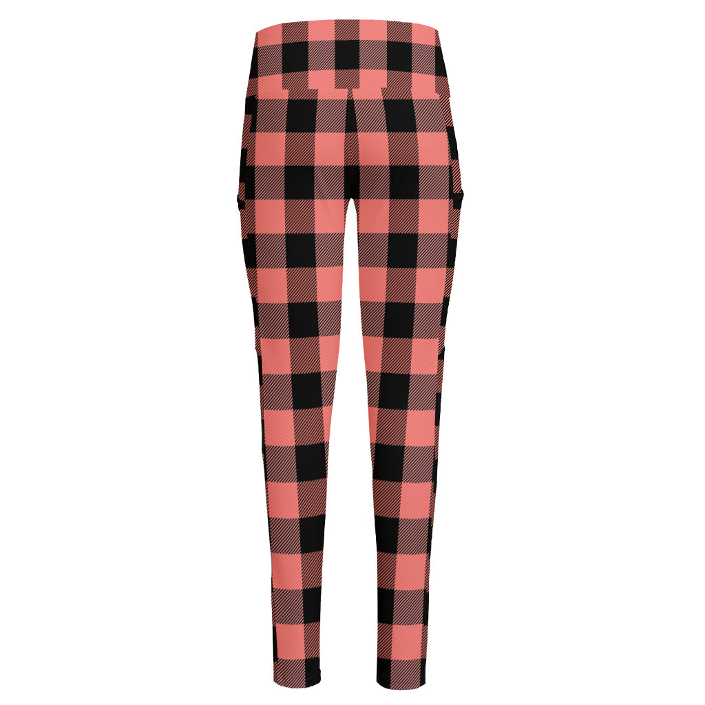 Coral Pink And Black Buffalo Check Print High-Waisted Pocket Leggings